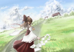 Rule 34 | 1girl, bad id, bad pixiv id, bow, brown eyes, brown hair, cloud, day, detached sleeves, female focus, gohei, grass, hair bow, hair ornament, hakurei reimu, hill, holding, holding gohei, japanese clothes, long hair, miko, scenery, shrine, siqi (miharuu), sky, smile, solo, stairs, torii, touhou, wind