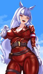 Rule 34 | 1girl, :d, alternate costume, animal ears, blue sky, blunt bangs, bodysuit, breasts, cleavage, from below, gloves, gold ship (umamusume), grey hair, highres, horse ears, horse girl, large breasts, long hair, looking at viewer, looking down, open mouth, purple eyes, red bodysuit, skin tight, sky, smile, solo, umamusume, v, volyz, white gloves