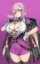 Rule 34 | 1girl, absurdres, blush, braid, breasts, closed mouth, gloves, gradient background, green eyes, hairband, highres, jewelry, large breasts, lock, long hair, looking at viewer, necklace, original, padlock, pink hair, purple background, purple skirt, ranf, skirt, smile, solo, twin braids, white gloves, white hairband