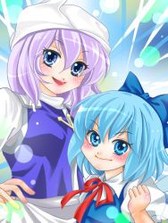 Rule 34 | 2girls, blue eyes, blue hair, blush, bow, breasts, cirno, clenched hand, commentary request, hair bow, hat, height difference, ice, ice wings, lapel pin, letty whiterock, light purple hair, multiple girls, puffy short sleeves, puffy sleeves, ribbon, short hair, short sleeves, smile, touhou, wings, yuzuna99