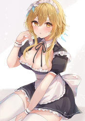 Rule 34 | 1girl, :o, apron, between legs, blonde hair, blush, breasts, cleavage, collarbone, flower, genshin impact, hair between eyes, hair flower, hair ornament, hand between legs, hand up, highres, large breasts, looking at viewer, lumine (genshin impact), maid, maid apron, maid headdress, maruro, short hair with long locks, sitting, solo, thighhighs, white background, white thighhighs, wristband, yellow eyes