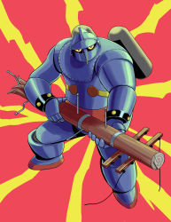Rule 34 | absurdres, fighting stance, full body, highres, ika ninja, jetpack, looking at viewer, mecha, mecha focus, no humans, red background, robot, solo, standing, super robot, tetsujin 28, tetsujin 28-gou, tetsujin 28-gou (1st series), utility pole, yellow eyes