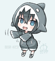Rule 34 | 1girl, :d, animal costume, animal hood, bad id, bad pixiv id, black hair, black socks, blue eyes, blush, capriccio, chibi, commentary request, copyright request, dated, full body, grey background, grey footwear, grey jacket, hair between eyes, hood, hood up, hooded jacket, indie virtual youtuber, jacket, long sleeves, open mouth, outstretched arms, romaji text, shark costume, shark hood, shoes, signature, simple background, sleeves past fingers, sleeves past wrists, smile, socks, solo, standing, virtual youtuber