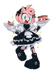 Rule 34 | 1girl, amy rose, animal nose, cake, dress, food, furry, furry female, gloves, goth fashion, green eyes, hairband, hedgehog girl, highres, kiikoi11, looking at viewer, maid, open mouth, pink fur, pink hair, red hairband, short hair, simple background, smile, solo, sonic (series), white gloves