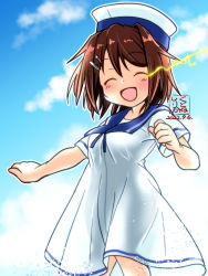 Rule 34 | 1girl, artist logo, blue sailor collar, blue sky, breasts, brown hair, closed eyes, cloud, commentary request, cowboy shot, dated, dress, feet out of frame, furutaka (kancolle), glowing, glowing eye, hat, hiburi (kancolle), kantai collection, knees together feet apart, kutone shirika, medium breasts, sailor collar, sailor dress, sailor hat, short hair, short sleeves, sky, smile, solo, white dress, white hat