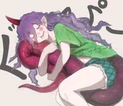 Rule 34 | 1girl, blush stickers, closed eyes, clothes writing, drooling, feet out of frame, green shirt, green shorts, horns, long hair, open mouth, pointy ears, purple hair, red horns, red tail, shirt, short sleeves, shorts, single horn, sleeping, solo, syakatico, tenkajin chiyari, touhou