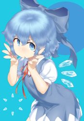 Rule 34 | 1girl, :o, blue background, blue bow, blue eyes, blue hair, blue theme, bow, cirno, detached wings, fairy, hair between eyes, hair bow, highres, ice, ice wings, looking at viewer, monosenbei, neck ribbon, open mouth, puffy short sleeves, puffy sleeves, red ribbon, ribbon, short hair, short sleeves, solo, touhou, v-shaped eyebrows, wings