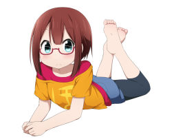 Rule 34 | 1girl, barefoot, bespectacled, blue eyes, blush, brown hair, capri pants, cosplay, feet, glasses, kosaka honoka (cosplay), kosaka honoka, kosaka yukiho, leggings, legs up, looking at viewer, love live!, love live! school idol project, lying, miyako hito, on stomach, pants, short hair, soles, solo, the pose, toes
