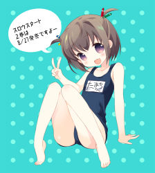 Rule 34 | 1girl, barefoot, binzume yousei, brown hair, crayon, fang, feet, hair ornament, looking at viewer, old school swimsuit, one-piece swimsuit, original, polka dot, polka dot background, school swimsuit, short hair, sitting, solo, swimsuit, tama-chan, toes, tokumi yuiko, two side up, v