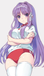 Rule 34 | 1girl, buruma, clannad, collared shirt, commentary request, crossed arms, fujibayashi kyou, grey background, gym shirt, gym uniform, hair ribbon, long hair, looking at viewer, mitsuyo (mituyo324), purple eyes, purple hair, red buruma, ribbon, shirt, short sleeves, simple background, solo, t-shirt, thighhighs, white shirt, white thighhighs