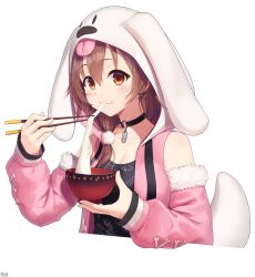 Rule 34 | 1girl, absurdres, animal ears, animal hood, animal print, bare shoulders, black choker, blush, bone print, bowl, breasts, brown eyes, brown hair, choker, chopsticks, cleavage, collarbone, commentary request, detached sleeves, dog ears, dog girl, dog hood, dog print, dog tail, eating, food, fur trim, hair between eyes, hair ornament, hair over shoulder, hands up, highres, holding, holding bowl, hololive, hood, hooded vest, hoodie, inugami korone, inugami korone (loungewear), long hair, long sleeves, looking at viewer, medium breasts, mochi, o-ring, o-ring choker, official alternate costume, pink vest, pom pom (clothes), pom pom hair ornament, sidelocks, signature, smile, solo, tail, transparent background, traveler (artbbt), vest, virtual youtuber