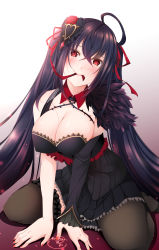 1girl absurdres asymmetrical_legwear asymmetrical_sleeves azur_lane black_dress black_hair breasts detached_sleeves dress frills hair_ornament highres large_breasts light_brown_hair long_hair mouth_hold nail_polish origami_aya pantyhose red_eyes red_nails red_ribbon ribbon ribbon_in_mouth short_dress simple_background single_sleeve single_thighhigh solo strapless strapless_dress symbol-shaped_pupils taihou_(azur_lane) taihou_(muse)_(azur_lane) thighhighs uneven_legwear uneven_sleeves very_long_hair