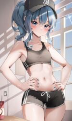 Rule 34 | 1girl, absurdres, bare shoulders, black headwear, black shirt, black shorts, blue eyes, blue hair, blush, breasts, closed mouth, collarbone, crop top, hair between eyes, highres, hololive, hoshimachi suisei, long hair, looking at viewer, midriff, navel, scarlet (wv0102), shirt, short shorts, shorts, side ponytail, small breasts, star (symbol), star in eye, symbol in eye, thighs, virtual youtuber