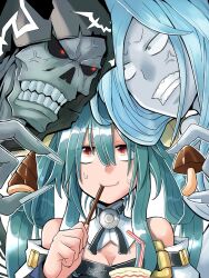 Rule 34 | 1boy, 2girls, angry, bare shoulders, belt, blue hair, breasts, choker, cleavage, clenched teeth, cup, dated, detached collar, detached sleeves, dizzy (guilty gear), drink, drinking straw, eating, fingernails, food, food in mouth, guilty gear, guilty gear xrd, hair between eyes, hair ribbon, hair rings, highres, long hair, mariebell, monster girl, mouth hold, multiple girls, mushroom, necro (guilty gear), pocky, pocky in mouth, red eyes, ribbon, sharp fingernails, sidelocks, signature, small breasts, teeth, twintails, undine (guilty gear), upper body, yellow ribbon