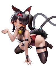 Rule 34 | 1girl, absurdres, all fours, animal ear fluff, animal ears, barcode, bell, black gloves, black hair, black thighhighs, blush, breasts, cat ears, cat girl, cat tail, dark-skinned female, dark skin, fingerless gloves, fur trim, gloves, hairband, highres, janload1ng, kneeling, looking at viewer, medium breasts, multiple tails, neck bell, nekomiya mana, parted lips, paw pose, ponytail, red hairband, sidelocks, simple background, single glove, skindentation, solo, tail, thigh strap, thighhighs, thighs, two tails, white background, zenless zone zero