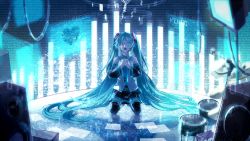 Rule 34 | 1girl, aqua eyes, aqua hair, detached sleeves, funamushi nomore, hair over one eye, hands on own chest, hatsune miku, long hair, necktie, no more, open mouth, seiza, sitting, skirt, solo, thighhighs, twintails, very long hair, vocaloid