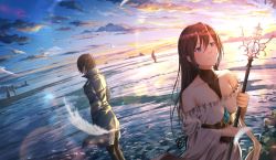 Rule 34 | 1boy, 1girl, androgynous, blue eyes, blue sky, blush, breasts, brown hair, choker, cleavage, cloak, closed mouth, cloud, dress, feathers, frozen lake, hands in opposite sleeves, highres, holding, holding staff, ice, k ryo, lake, lens flare, long hair, looking away, medium breasts, mountain, original, short hair, sky, staff, very long hair, water, white dress