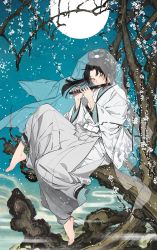Rule 34 | 1boy, barefoot, bishounen, black hair, blush, branch, commentary request, feet, floating clothes, floating hair, highres, holding, holding instrument, instrument, kazari tayu, leg up, long hair, long sleeves, male focus, moon, music, original, outdoors, playing instrument, sitting, solo, toes, veil, wide sleeves, yellow eyes