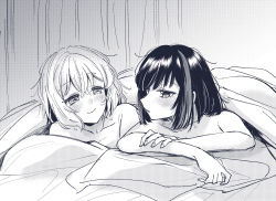 Rule 34 | 2girls, aoba moca, bang dream!, blush, bob cut, collarbone, greyscale, highres, looking at another, lying, mitake ran, monochrome, multiple girls, nude, on bed, on stomach, short hair, side-by-side, sketch, smile, under covers, yuri, zawameki