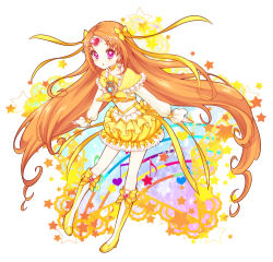 Rule 34 | 10s, 1girl, boots, bow, brooch, bubble skirt, choker, circlet, cure muse, cure muse (yellow), dress, frills, hair ribbon, heart, jewelry, knee boots, long hair, magical girl, musical note, orange hair, pink eyes, precure, quaver, ribbon, shirabe ako, sikuhima, skirt, solo, star (symbol), suite precure, treble clef, very long hair, yellow bow, yellow dress, yellow skirt