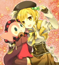 Rule 34 | 10s, 1girl, :d, beret, blonde hair, breasts, candy, charlotte (madoka magica), corset, detached sleeves, doughnut, drill hair, fingerless gloves, food, gloves, hair ornament, hat, hirako, mahou shoujo madoka magica, mahou shoujo madoka magica (anime), open mouth, pleated skirt, skirt, smile, star (symbol), thighhighs, tomoe mami, twin drills, twintails, yellow eyes