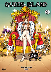 Rule 34 | 1girl, absurdres, chair, crossed legs, crown, english text, giorunog, highres, long hair, looking ahead, looking at viewer, nami (one piece), one piece, red hair, sitting, throne, tony tony chopper, treasure