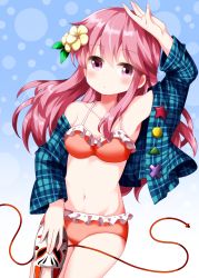 Rule 34 | 1girl, arm up, bare shoulders, bikini, blue background, blue shirt, breasts, circle, collarbone, commentary request, cowboy shot, flower, frilled bikini, frills, gradient background, groin, hair between eyes, hair flower, hair ornament, hata no kokoro, highres, holding, holding mask, leaf, long hair, long sleeves, looking at viewer, mask, unworn mask, medium breasts, navel, off shoulder, open clothes, open shirt, pink bikini, pink eyes, pink hair, plaid, plaid shirt, ruu (tksymkw), shirt, sidelocks, solo, star (symbol), stomach, swimsuit, tassel, thighs, touhou, triangle, white background, x, yellow flower