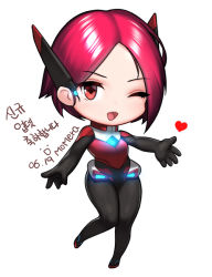 Rule 34 | 1girl, chibi, hana (metal unit), korean commentary, metal unit, momera, one eye closed, red eyes, red hair, short hair, simple background, smile, solo, white background