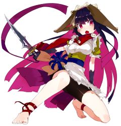 Rule 34 | 1girl, animal ears, ankle lace-up, ankle ribbon, anklet, apron, arm support, barefoot, bike shorts, black hair, blush, breasts, cross-laced footwear, feet, full body, headdress, jewelry, karei (hirameme), lapel pin, leg ribbon, long hair, multicolored hair, on one knee, open mouth, original, pin, pink hair, red eyes, ribbon, solo, squatting, sword, toes, two-tone hair, weapon