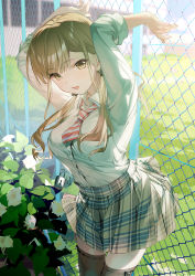 Rule 34 | 1girl, absurdres, almic, barbed wire, blush, bow, bowtie, breasts, brown eyes, brown hair, brown socks, collared shirt, flower, grass, hair ornament, highres, jinguuji rumi, koi wa futago de warikirenai, large breasts, lock, long hair, long sleeves, looking at viewer, mole, mole under eye, multicolored necktie, necktie, official art, open mouth, orange bow, orange bowtie, outdoors, plaid, plaid skirt, pleated skirt, school uniform, shirt, sidelocks, skirt, sleeves rolled up, smile, socks, solo, standing, sunlight, thighhighs, tree, twintails, two-tone bowtie, two-tone necktie, uniform, white bow, white bowtie, white shirt