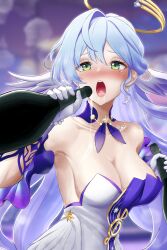 Rule 34 | 1girl, bare shoulders, bead bracelet, beads, blue hair, blush, bottle, bracelet, breasts, choker, cleavage, collarbone, commentary, detached sleeves, dress, earrings, gloves, green eyes, hair between eyes, hair intakes, head wings, highres, holding, holding bottle, honkai: star rail, honkai (series), jewelry, large breasts, long hair, nose blush, open mouth, purple choker, robin (honkai: star rail), short sleeves, solo, sphere-stc, strapless, strapless dress, upper body, very long hair, white dress, white gloves, wings