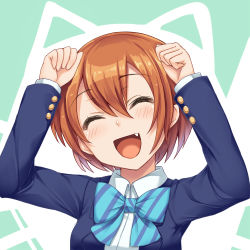 Rule 34 | 10s, 1girl, closed eyes, fang, happy, hoshizora rin, love live!, love live! school idol project, open mouth, orange hair, paw pose, short hair, simple background, smile, solo, sorano (12gou)