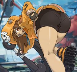 Rule 34 | 1girl, anchor, ass, bent over, bike shorts, blurry, blurry background, brown hair, centinel303, fingerless gloves, gloves, guilty gear, guilty gear strive, hat, holding, holding anchor, hood, hoodie, long hair, looking at viewer, may (guilty gear), open mouth, orange hat, orange hoodie, pantylines, pirate hat, skull and crossbones, solo