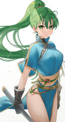 Rule 34 | 1girl, black gloves, breasts, chinese clothes, cowboy shot, fire emblem, fire emblem: the blazing blade, gloves, green eyes, green hair, haru (nakajou-28), high collar, highres, holding, holding weapon, katana, looking at viewer, lyn (fire emblem), medium breasts, nintendo, pelvic curtain, ponytail, short sleeves, simple background, solo, standing, sword, weapon, white background