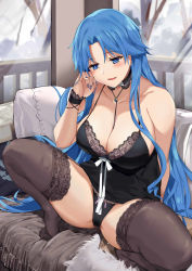 Rule 34 | 1girl, azur lane, bare shoulders, black camisole, black thighhighs, blue eyes, blue hair, blush, breasts, camisole, cleavage, collarbone, highres, large breasts, long hair, naha78, nail polish, official alternate costume, open mouth, parted bangs, smile, solo, sovetskaya belorussiya (azur lane), sovetskaya belorussiya (relaxation stratagem) (azur lane), spread legs, squatting, thighhighs, thighs