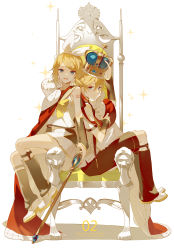 Rule 34 | 1boy, 1girl, absurdres, bad id, bad pixiv id, blonde hair, blue eyes, brother and sister, cape, character name, commentary request, crown, detached sleeves, english text, expressionless, fingernails, full body, garter straps, hair ribbon, highres, kagamine len, kagamine rin, leg warmers, looking away, number tattoo, parted lips, ribbon, sailor collar, shadow, short hair, shorts, shoulder tattoo, siblings, simple background, sitting, skirt, sparkle, sparkle background, staff, tattoo, teeth, text focus, throne, twins, vocaloid, white background, white ribbon, white skirt, yellow ribbon, zhibuji loom