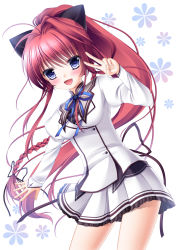 Rule 34 | 1girl, :d, blazer, blue eyes, blush, braid, contrapposto, cowboy shot, fang, highres, inui sana, jacket, long sleeves, looking at viewer, mashiroiro symphony, open mouth, pleated skirt, ponytail, red hair, school uniform, shitou, simple background, single hair intake, skirt, smile, standing, v, white background, white skirt