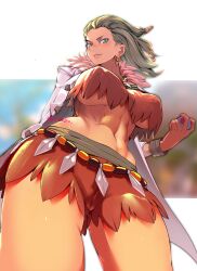 Rule 34 | 1girl, abs, aqua eyes, arm behind back, breasts, brown shorts, coat, covered erect nipples, cowboy shot, creatures (company), earrings, from below, fur collar, game freak, hair ornament, highres, jewelry, koda1ra, lab coat, large breasts, legs apart, light brown hair, long hair, midriff, navel, necklace, nintendo, no bra, open clothes, open coat, pokemon, pokemon sv, sada (pokemon), shorts, smile, solo, standing, thighs, underboob, v-shaped eyebrows, white coat