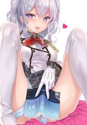 Rule 34 | 10s, 1girl, aimee (emi), aimee (origin), bad id, bad pixiv id, black skirt, blue panties, blush, book, bow, bow panties, breasts, breath, buttons, collared shirt, commentary, covered erect nipples, covering privates, covering crotch, curly hair, double-breasted, dress shirt, epaulettes, frilled sleeves, frills, gloves, grey shirt, hair between eyes, heart, heavy breathing, highres, holding, holding book, kantai collection, kashima (kancolle), looking at viewer, medium breasts, military, military uniform, neckerchief, open book, open mouth, panties, panties around leg, pleated skirt, purple eyes, red neckerchief, shirt, silver hair, simple background, sitting, skirt, smile, solo, spread legs, sweat, teeth, thighhighs, twintails, underwear, uniform, wavy mouth, white background, white bow, white gloves, white thighhighs