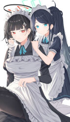 Rule 34 | 2girls, absurdly long hair, absurdres, alternate costume, apron, aris (blue archive), aris (maid) (blue archive), black dress, black hair, black pantyhose, blue archive, blue eyes, blush, closed mouth, dress, enmaided, frilled apron, frills, green halo, hair ornament, hairpin, halo, highres, juliet sleeves, leonardo 566, long hair, long sleeves, looking at viewer, maid, maid apron, maid headdress, multiple girls, official alternate costume, pantyhose, puffy sleeves, red eyes, ringed eyes, rio (blue archive), short sleeves, simple background, smile, very long hair, white apron, white background