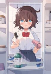 Rule 34 | 1girl, absurdres, bathroom, black skirt, blue eyes, blush, bow, breasts, closed mouth, collared shirt, commentary request, dress shirt, fang, fang out, hair between eyes, hair brush, hair dryer, highres, holding, indoors, looking at viewer, medium breasts, messy hair, mirror, nirareba, original, pleated skirt, red bow, reflection, school uniform, shirt, short hair, short sleeves, skirt, solo, sweat, tile wall, tiles, white shirt