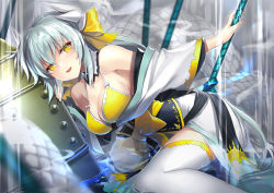 Rule 34 | 1girl, aqua hair, armor, bikini, bikini top only, bikini under clothes, blush, bow, breasts, cleavage, detached collar, dragon, eyebrows, eyelashes, fate/grand order, fate (series), from side, glint, hair bow, horns, japanese clothes, kimono, kiyohime (fate), kiyohime (fate/grand order), kiyohime (swimsuit lancer) (fate), kiyohime (swimsuit lancer) (first ascension) (fate), large breasts, leaning forward, long hair, looking at viewer, off shoulder, parted lips, polearm, riding, sakuyosi, sash, smile, smoke, solo, swimsuit, thighhighs, very long hair, weapon, white thighhighs, wide sleeves, yellow bow, yellow eyes