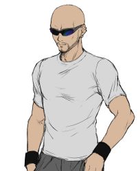 Rule 34 | 1boy, bad id, bad pixiv id, bald, beard, closed mouth, commentary request, earrings, expressionless, facial hair, final fantasy, final fantasy vii, final fantasy vii remake, grey pants, grey shirt, hand in pocket, hand on own hip, highres, jewelry, male focus, mondi hl, pants, rude (ff7), shirt, short sleeves, simple background, sketch, solo, sunglasses, t-shirt, upper body, white background