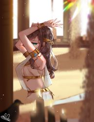 Rule 34 | 1girl, absurdres, arms up, bare shoulders, bracelet, brown hair, bunniluudraws, candle, egyptian, egyptian clothes, green eyes, hair ornament, highres, jewelry, long hair, looking at viewer, rosa (tears of themis), shadow, signature, solo, tears of themis