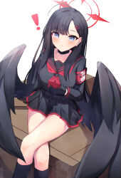 Rule 34 | !, 1girl, armband, black choker, black gloves, black hair, black sailor collar, black serafuku, black wings, blue archive, blue eyes, breasts, cellphone, choker, commentary, crossed legs, elphe, feathered wings, feet out of frame, gloves, hair ornament, hairclip, halo, highres, holding, holding phone, ichika (blue archive), kneehighs, long hair, low wings, medium breasts, miniskirt, neckerchief, parted lips, phone, pleated skirt, red armband, red halo, red neckerchief, sailor collar, school uniform, serafuku, simple background, sitting, skirt, smartphone, socks, straight hair, surprised, white background, wings