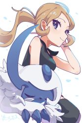 Rule 34 | 1girl, absol, artist name, bare shoulders, black shirt, black thighhighs, blonde hair, breasts, closed mouth, collared shirt, commentary, creatures (company), floating hair, game freak, gen 3 pokemon, grey eyes, hand up, highres, long hair, medium breasts, nintendo, omochi (omotimotittona3), pokemon, pokemon (creature), pokemon xy, ponytail, serena (pokemon), shirt, sleeveless, sleeveless shirt, smile, symbol-only commentary, thighhighs