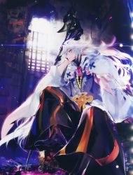 Rule 34 | 1boy, absurdres, bishounen, cape, fate/grand order, fate/stay night, fate (series), hakama, hakama pants, highres, japanese clothes, long hair, male focus, merlin (fate/stay night), official art, pants, pointy ears, sitting, solo, taiki (luster), very long hair, white hair