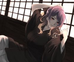 Rule 34 | 1girl, architecture, arm behind head, arm up, black kimono, black ribbon, blonde hair, breasts, commentary request, east asian architecture, gradient hair, hair ribbon, hijiri byakuren, japanese clothes, kimono, looking at viewer, mayoln, medium breasts, multicolored hair, ponytail, purple hair, red eyes, ribbon, shouji, sitting, sliding doors, smile, solo, touhou, two-tone hair