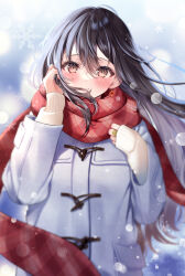 Rule 34 | 1girl, ahoge, blush, brown eyes, brown hair, checkered clothes, checkered scarf, closed mouth, coat, commentary request, earrings, hair between eyes, hand in own hair, head tilt, highres, holding, holding hair, jewelry, long hair, long scarf, long sleeves, looking at viewer, original, outdoors, parted bangs, red scarf, ring, scarf, sidelocks, sleeves past wrists, smile, snow, snowflakes, snowing, solo, sweater, very long hair, white coat, white sweater, yugirlpict