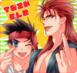 Rule 34 | 2boys, arc the lad, arc the lad ii, bad id, bad pixiv id, bandana, elc (arc the lad), middle finger, multiple boys, red hair, spiked hair, tosh (arc the lad)